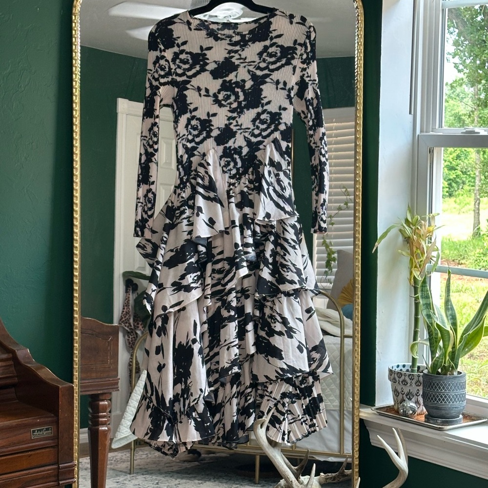 Black and White Fit and Flare Dress with Bishop Sleeves